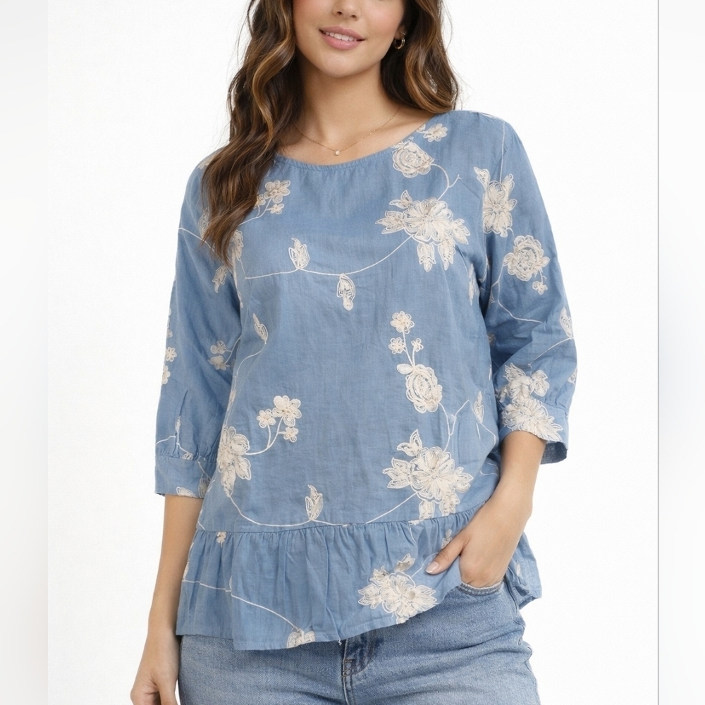 Ces FEMME Icy Blue Floral Embroidered Ruffle Lightweight Blouse